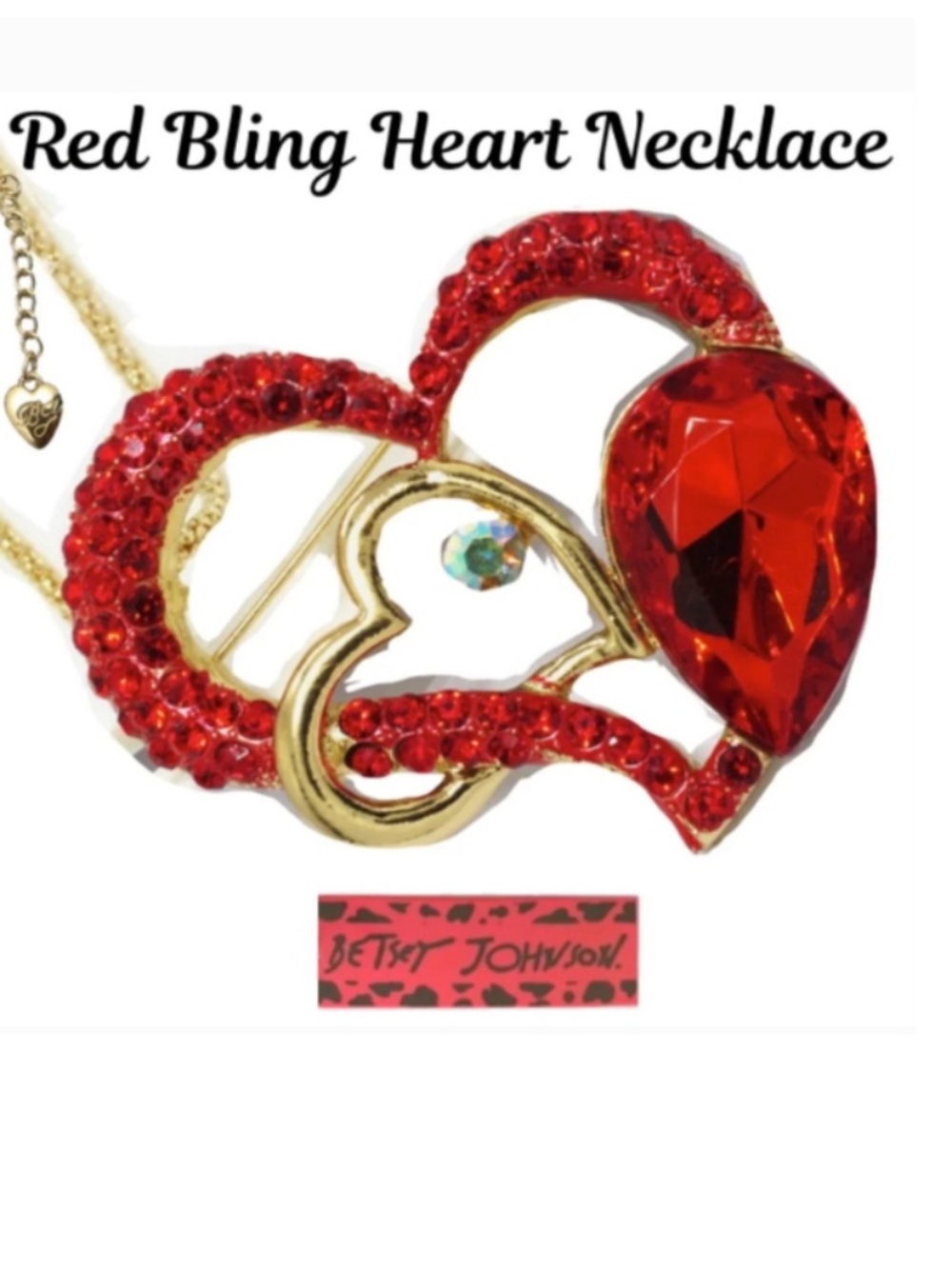 Crystal Necklace W/Red Rhinestones Pendant Gold Color Chain- All "Gold" is Alloy